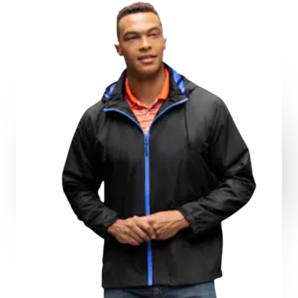 NWT LANDS’ END Men’s Black/Blue Unisex Packable Rain Jacket outdoor rain Large